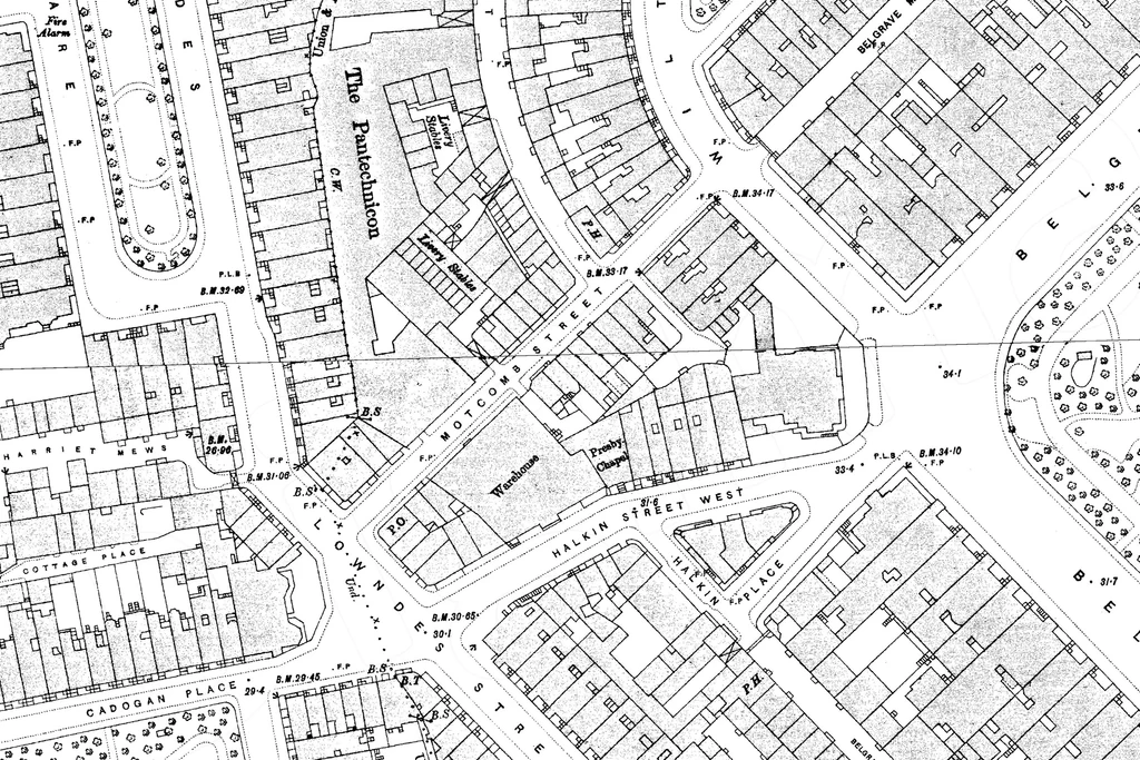 Londra Motcomb Street çevresini gösteren 1895 tarihli siyah-beyaz kadastro haritası; her bina, ahır ve depo tek tek çizilmiş ve adlandırılmış.